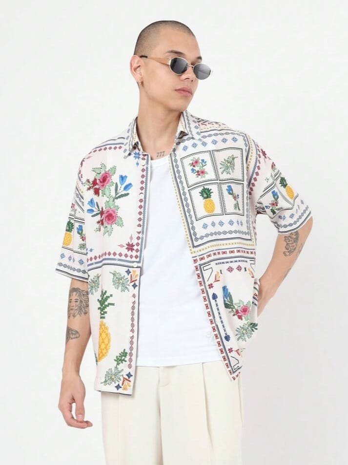 SWAVVY Tropical Short Sleeve Button Down Floral Pineapple Print Hawaiian Style Shirt Men